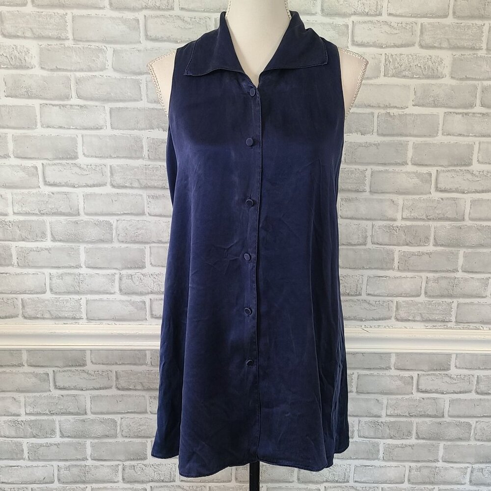 Vintage Victoria's Secret Silk Navy Blue Dress Intimate Loungewear Button Up Sm